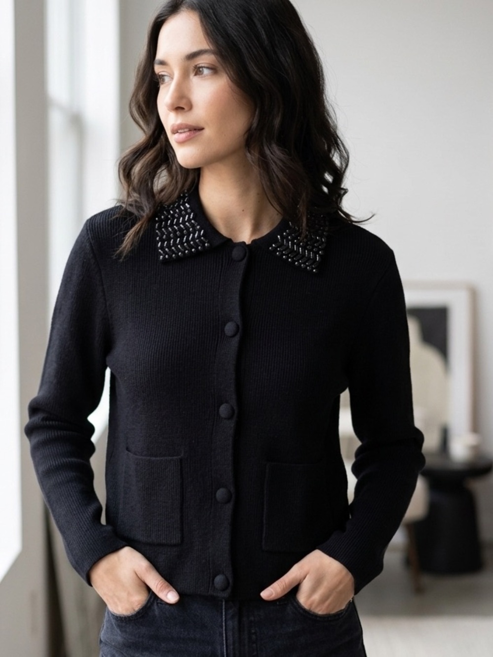 MARLED Beaded Collar Cardigan XS 18” p2p Black $89 Retail NWT - Picture 1 of 11